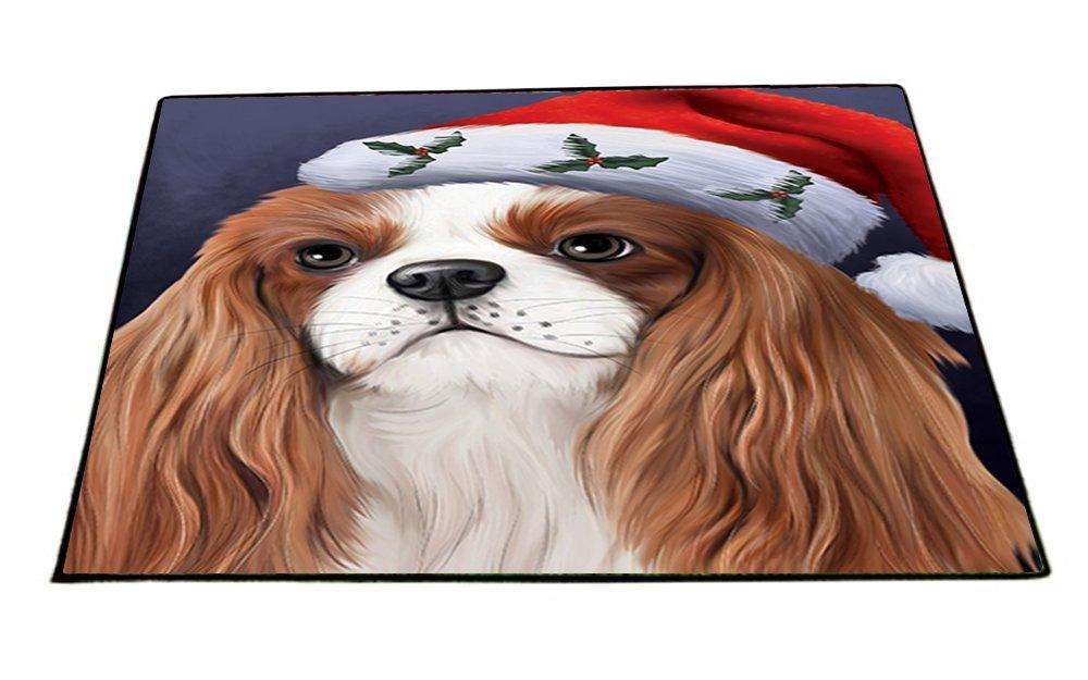 Christmas Cavalier King Charles Spaniel Dog Holiday Portrait with Santa Hat Indoor/Outdoor Floormat
