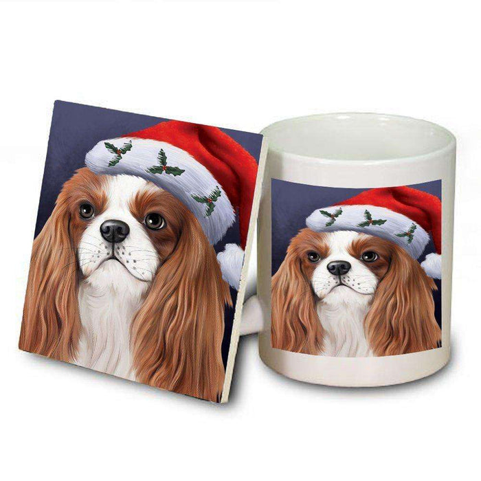 Christmas Cavalier King Charles Spaniel Dog Holiday Portrait with Santa Hat Mug and Coaster Set