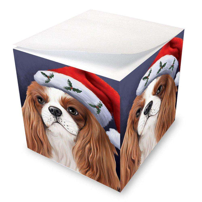 Christmas Cavalier King Charles Spaniel Dog Holiday Portrait with Santa Hat Note Cube D465