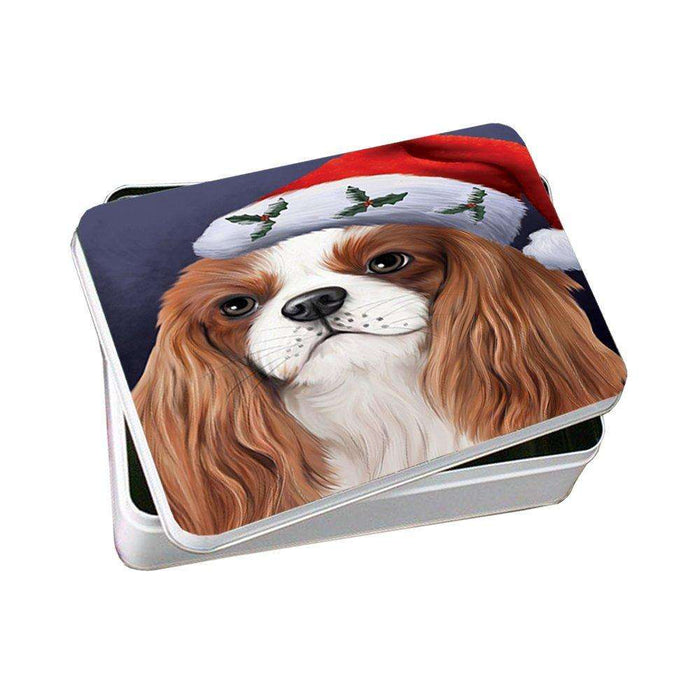 Christmas Cavalier King Charles Spaniel Dog Holiday Portrait with Santa Hat Photo Storage Tin