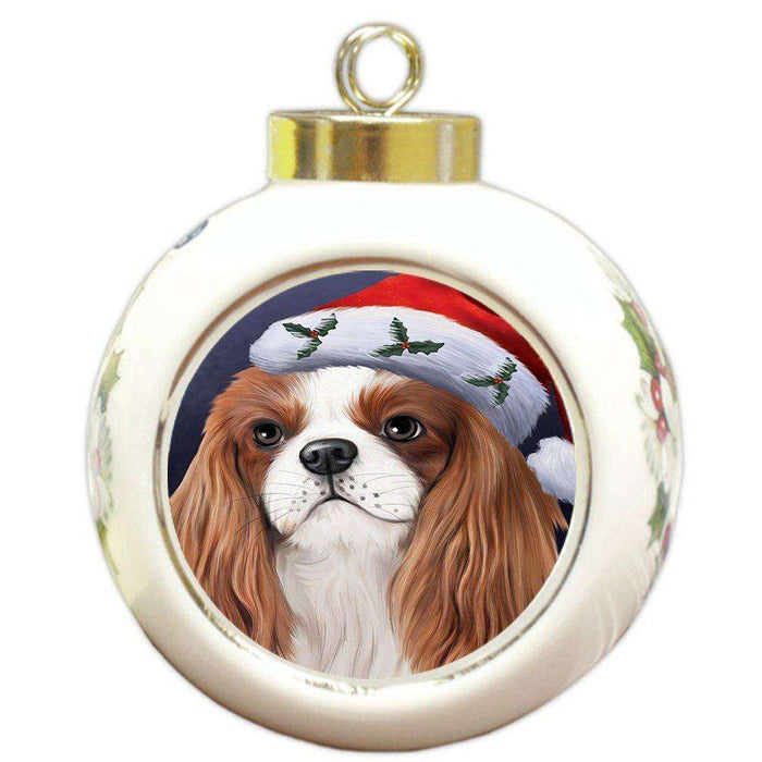 Christmas Cavalier King Charles Spaniel Dog Holiday Portrait with Santa Hat Round Ball Ornament