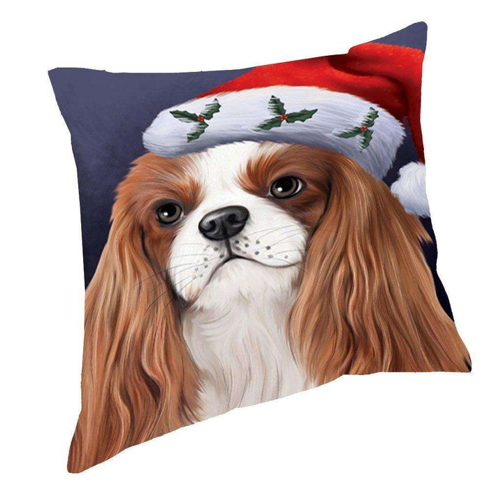 Christmas Cavalier King Charles Spaniel Dog Holiday Portrait with Santa Hat Throw Pillow