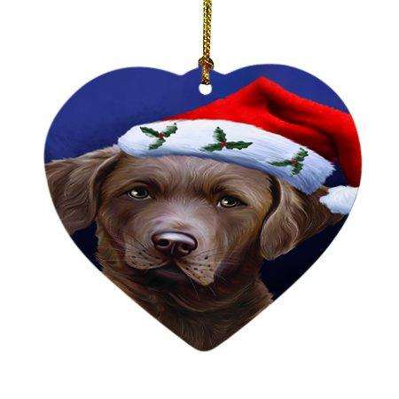 Christmas Chesapeake Bay Retriever Dog Holiday Portrait with Santa Hat Heart Ornament D010