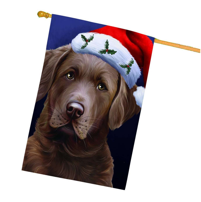 Christmas Chesapeake Bay Retriever Dog Holiday Portrait with Santa Hat House Flag