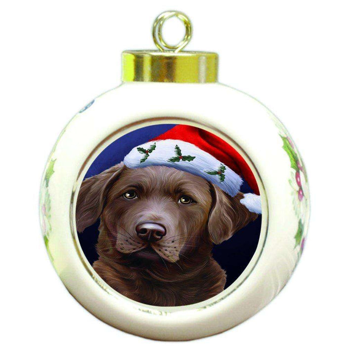 Christmas Chesapeake Bay Retriever Dog Holiday Portrait with Santa Hat Round Ball Ornament D010
