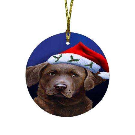 Christmas Chesapeake Bay Retriever Dog Holiday Portrait with Santa Hat Round Ornament D010