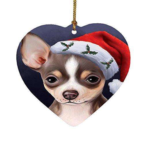 Christmas Chihuahua Dog Holiday Portrait with Santa Hat Heart Ornament