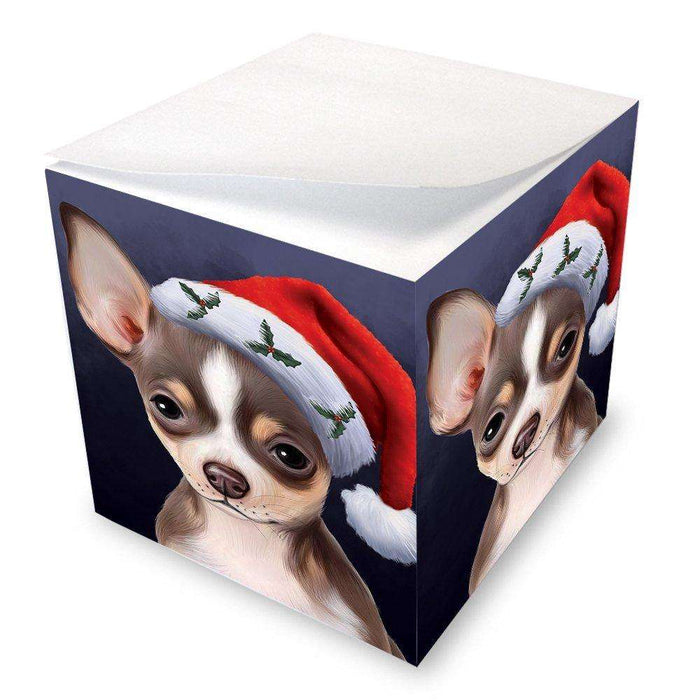 Christmas Chihuahua Dog Holiday Portrait with Santa Hat Note Cube D466