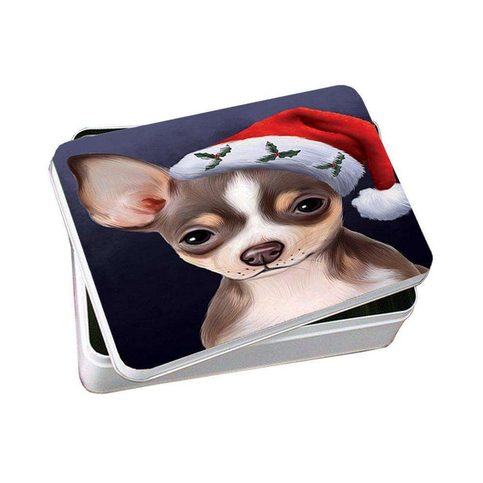 Christmas Chihuahua Dog Holiday Portrait with Santa Hat Photo Storage Tin