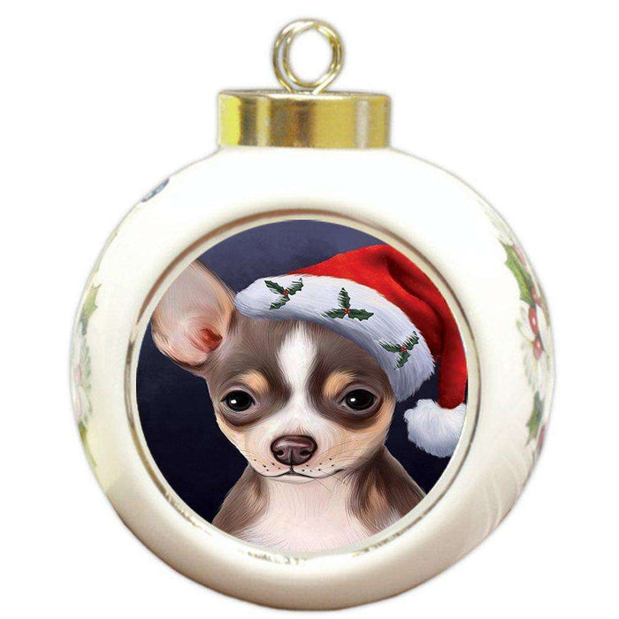 Christmas Chihuahua Dog Holiday Portrait with Santa Hat Round Ball Ornament