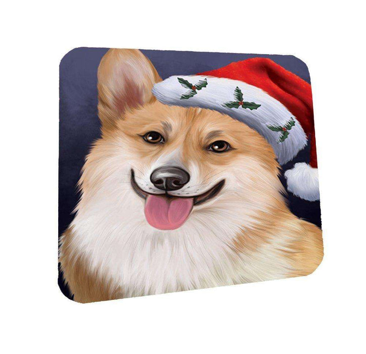 Christmas Corgis Dog Holiday Portrait with Santa Hat Coasters Set of 4