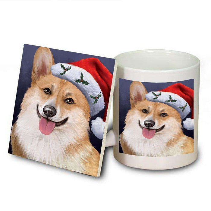Christmas Corgis Dog Holiday Portrait with Santa Hat Mug and Coaster Set