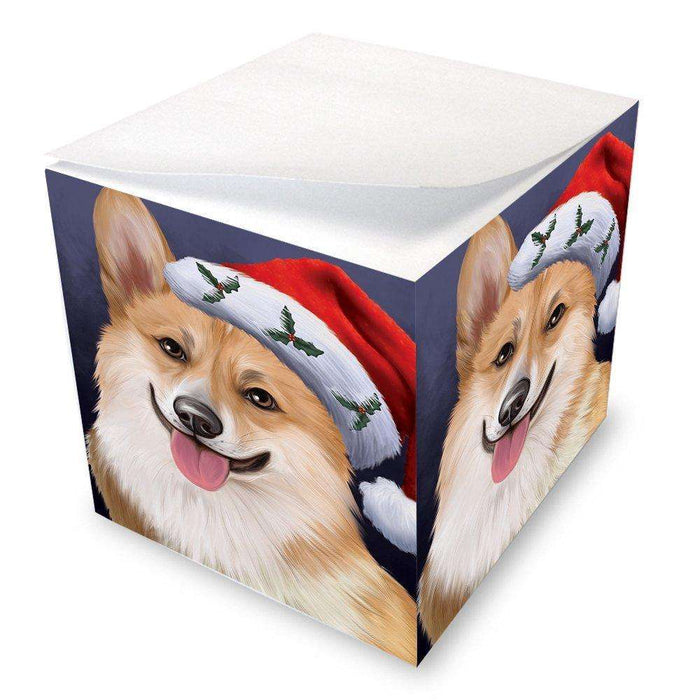 Christmas Corgis Dog Holiday Portrait with Santa Hat Note Cube D467