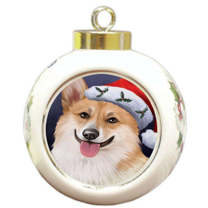 Christmas Corgis Dog Holiday Portrait with Santa Hat Round Ball Ornament