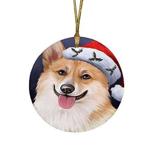Christmas Corgis Dog Holiday Portrait with Santa Hat Round Ornament