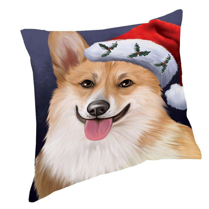 Christmas Corgis Dog Holiday Portrait with Santa Hat Throw Pillow