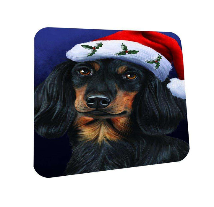 Christmas Dachshunds Dog Holiday Portrait with Santa Hat Coasters Set of 4
