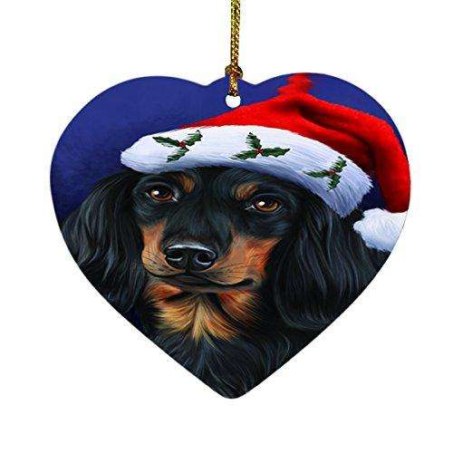 Christmas Dachshunds Dog Holiday Portrait with Santa Hat Heart Ornament D026