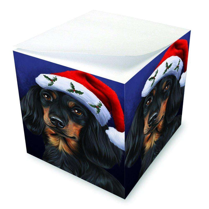 Christmas Dachshunds Dog Holiday Portrait with Santa Hat Note Cube D022