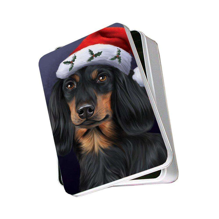 Christmas Dachshunds Dog Holiday Portrait with Santa Hat Photo Storage Tin