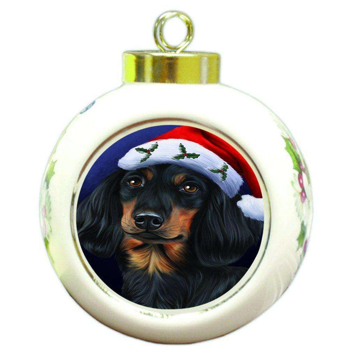 Christmas Dachshunds Dog Holiday Portrait with Santa Hat Round Ball Ornament D026