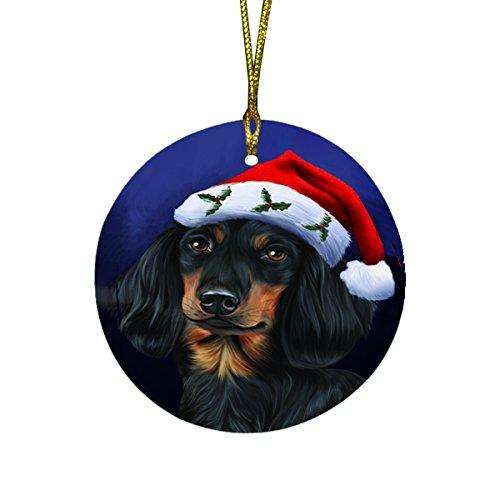 Christmas Dachshunds Dog Holiday Portrait with Santa Hat Round Ornament D026