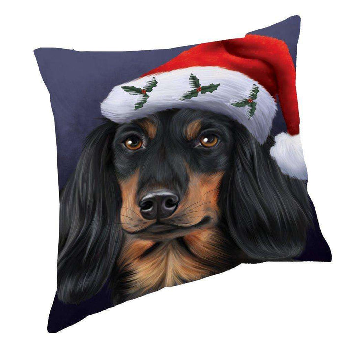 Christmas Dachshunds Dog Holiday Portrait with Santa Hat Throw Pillow