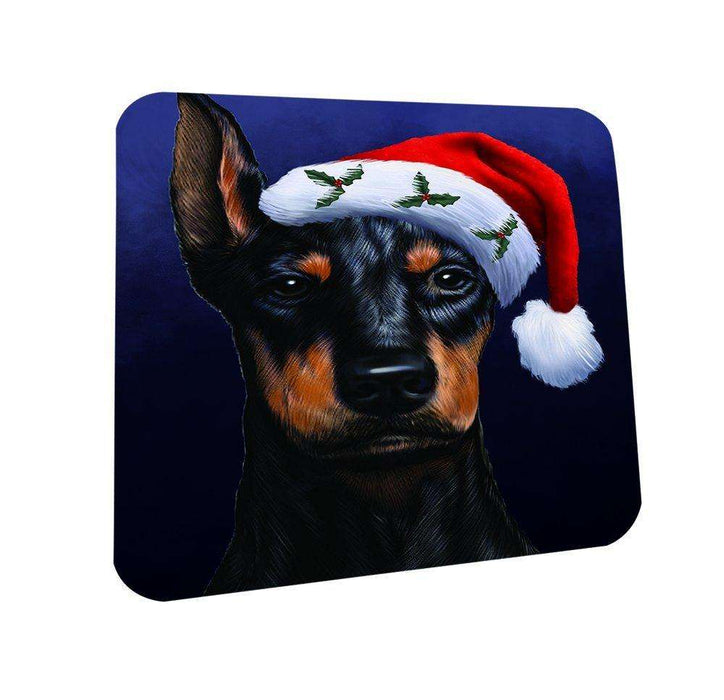Christmas Doberman Dog Holiday Portrait with Santa Hat Coasters Set of 4