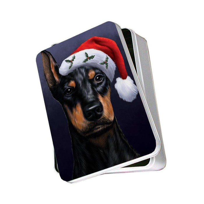 Christmas Doberman Dog Holiday Portrait with Santa Hat Photo Storage Tin