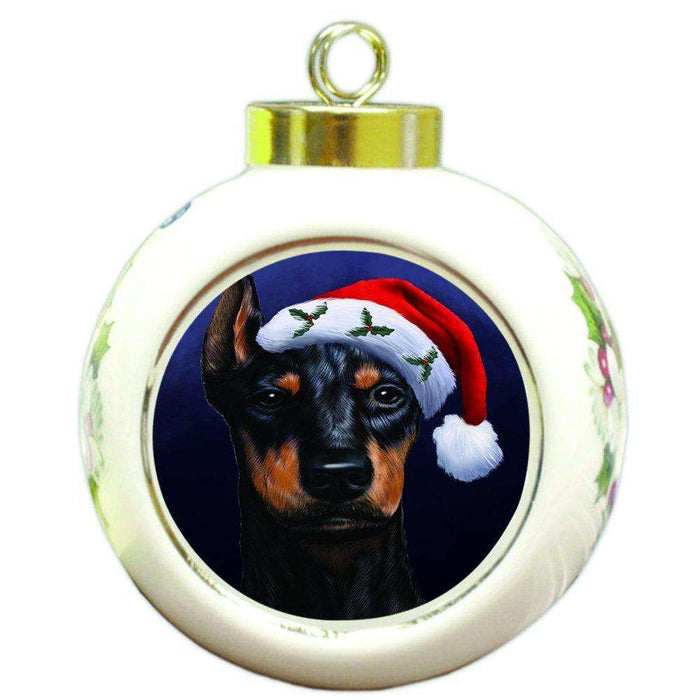 Christmas Doberman Dog Holiday Portrait with Santa Hat Round Ball Ornament D027