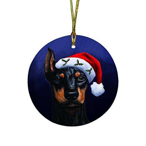 Christmas Doberman Dog Holiday Portrait with Santa Hat Round Ornament D027