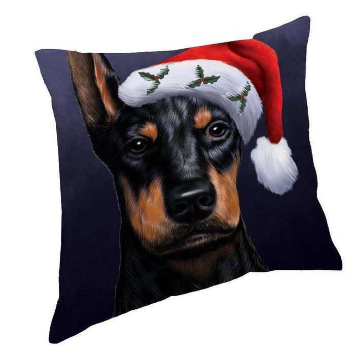Christmas Doberman Dog Holiday Portrait with Santa Hat Throw Pillow
