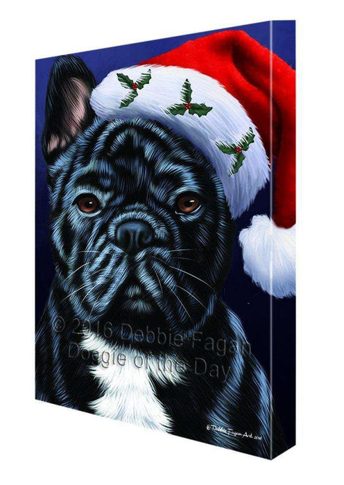 Christmas French Bulldogs Dog Holiday Portrait with Santa Hat Canvas Wall Art D014