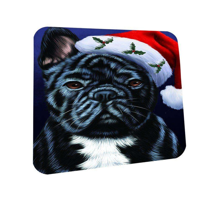 Christmas French Bulldogs Dog Holiday Portrait with Santa Hat Coasters Set of 4