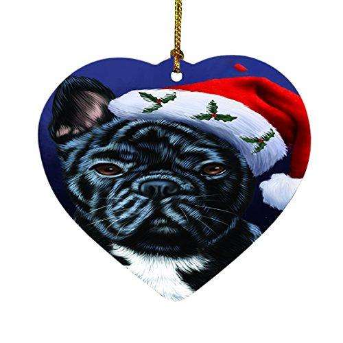 Christmas French Bulldogs Dog Holiday Portrait with Santa Hat Heart Ornament D028