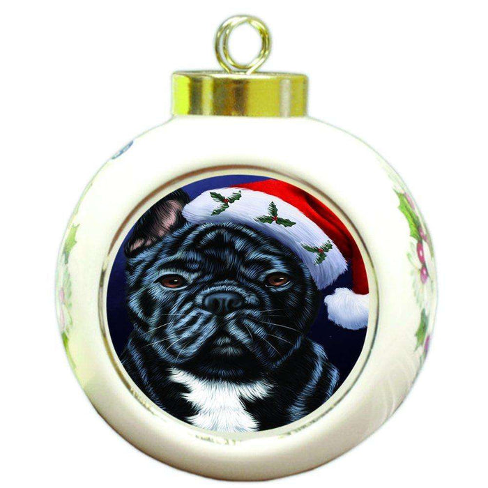 Christmas French Bulldogs Dog Holiday Portrait with Santa Hat Round Ball Ornament D028