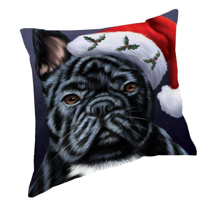 Christmas French Bulldogs Dog Holiday Portrait with Santa Hat Throw Pillow