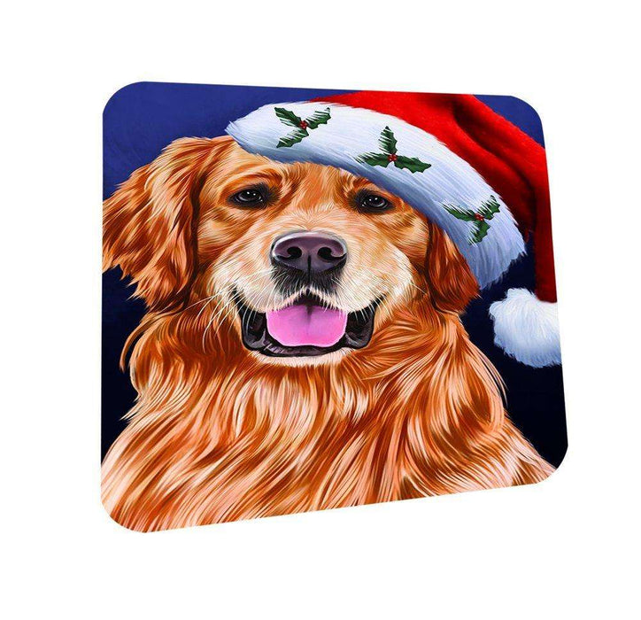 Christmas Golden Retrievers Dog Holiday Portrait with Santa Hat Coasters Set of 4