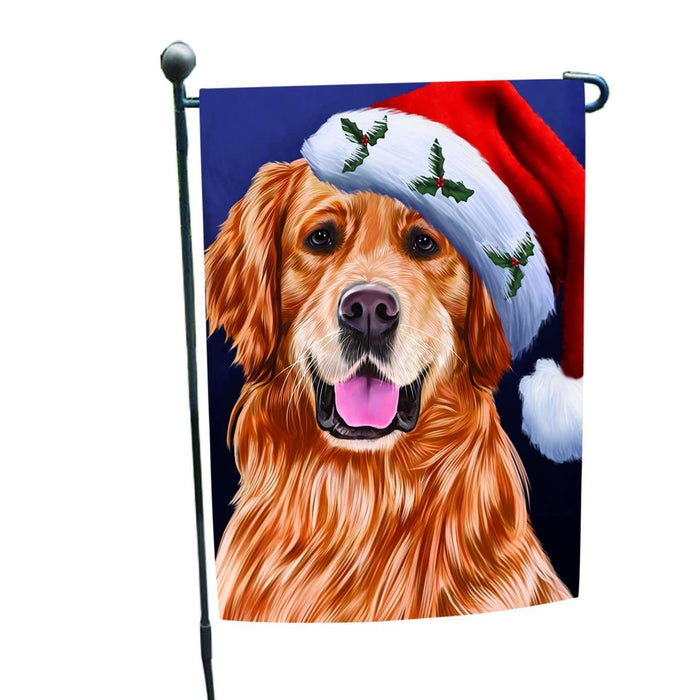 Christmas Golden Retrievers Dog Holiday Portrait with Santa Hat Garden Flag