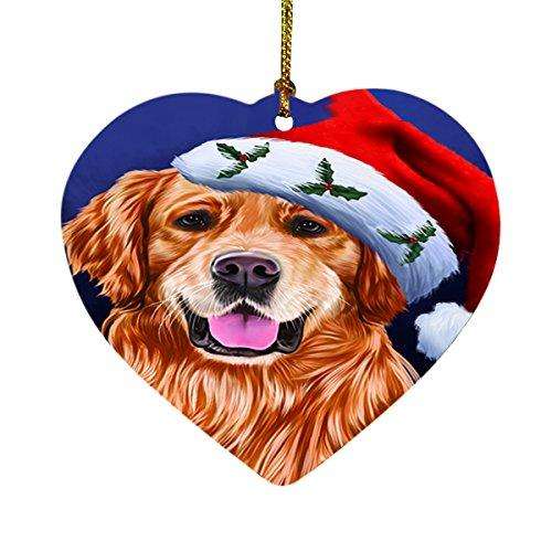 Christmas Golden Retrievers Dog Holiday Portrait with Santa Hat Heart Ornament D030