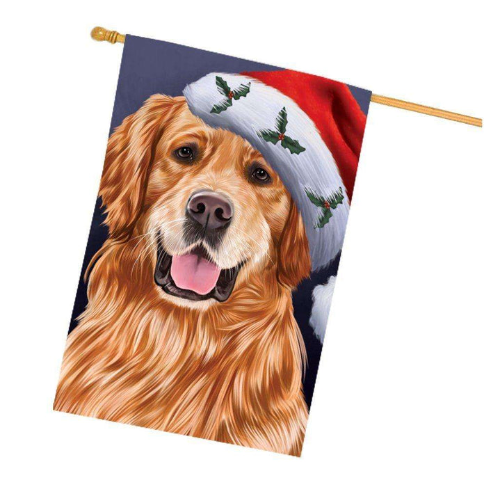 Christmas Golden Retrievers Dog Holiday Portrait with Santa Hat House Flag
