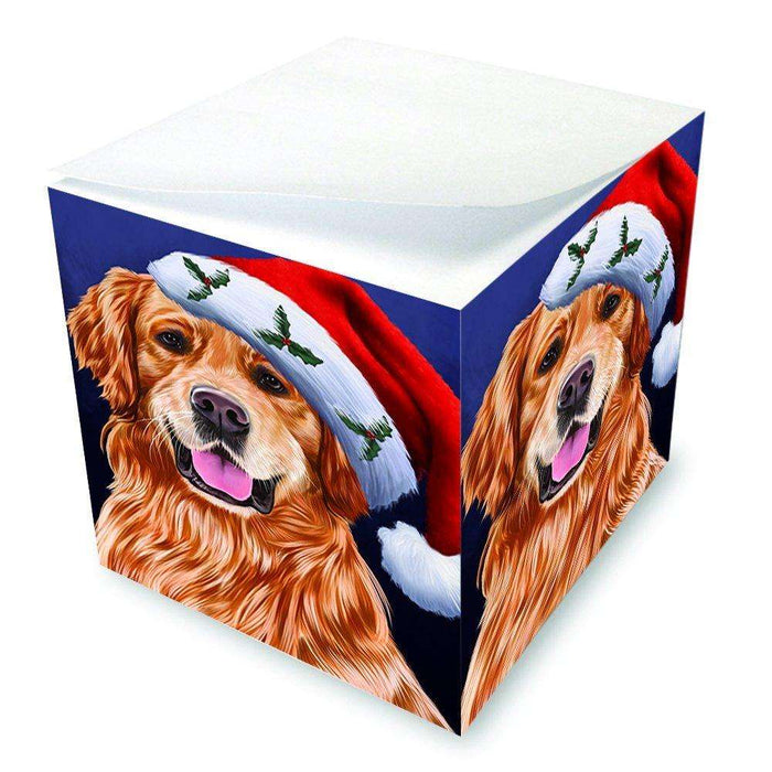 Christmas Golden Retrievers Dog Holiday Portrait with Santa Hat Note Cube D026