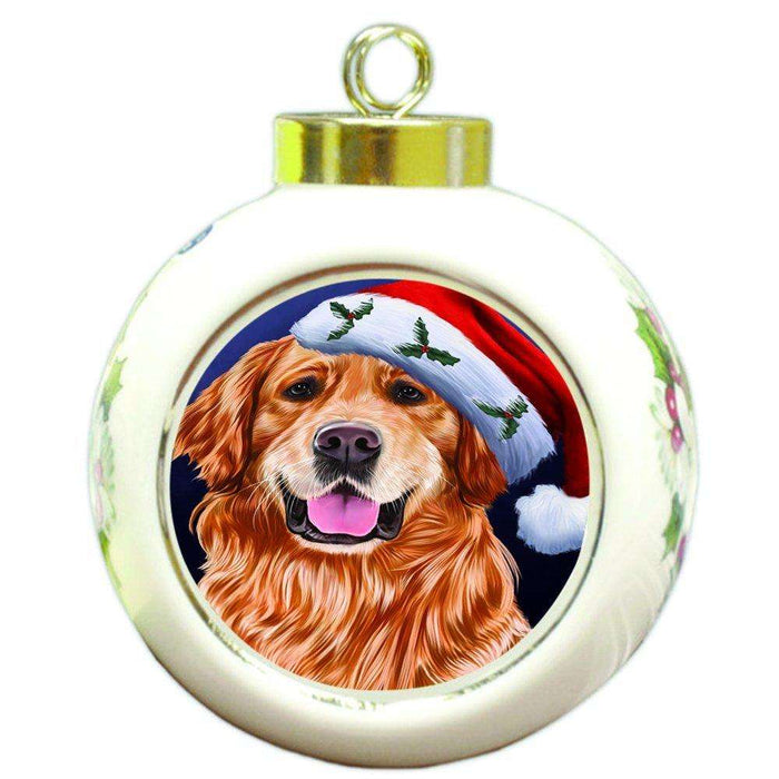 Christmas Golden Retrievers Dog Holiday Portrait with Santa Hat Round Ball Ornament D030