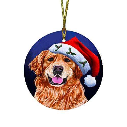 Christmas Golden Retrievers Dog Holiday Portrait with Santa Hat Round Ornament D030
