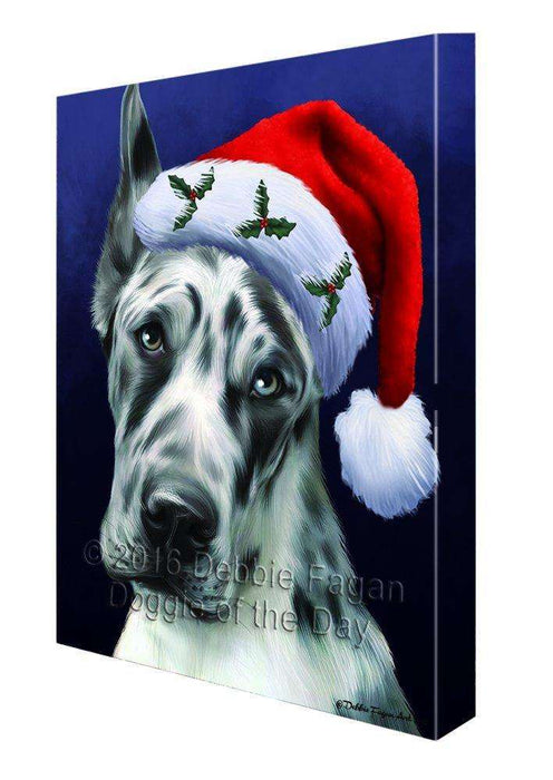 Christmas Great Dane Dog Holiday Portrait with Santa Hat Canvas Wall Art D017