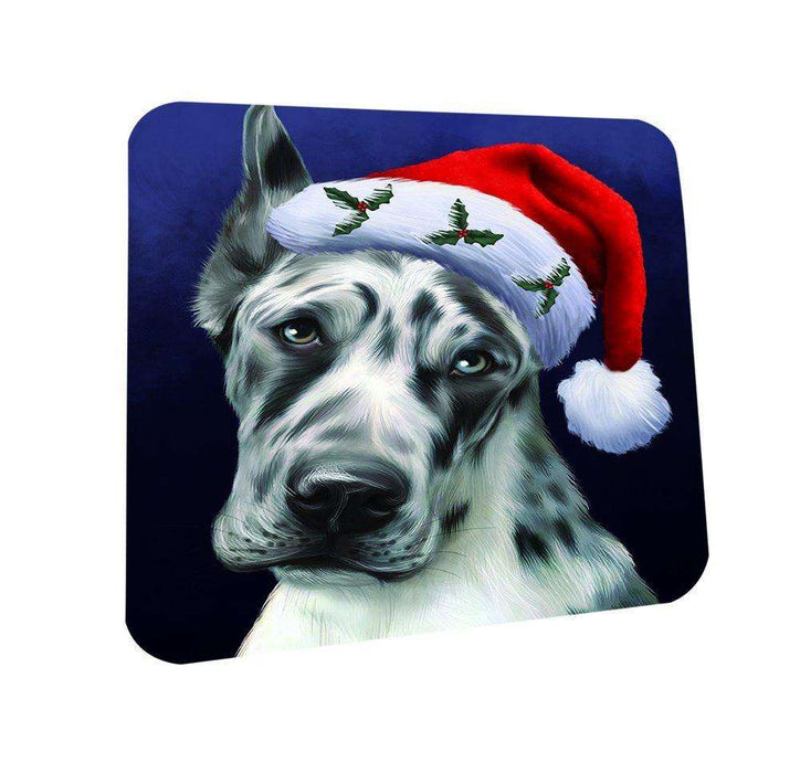 Christmas Great Dane Dog Holiday Portrait with Santa Hat Coasters Set of 4