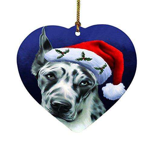 Christmas Great Dane Dog Holiday Portrait with Santa Hat Heart Ornament D031
