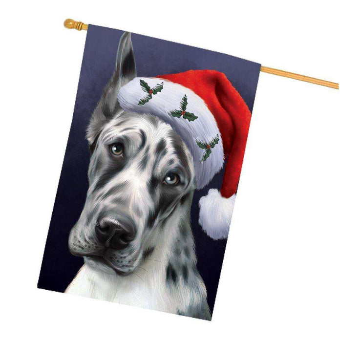Christmas Great Dane Dog Holiday Portrait with Santa Hat House Flag