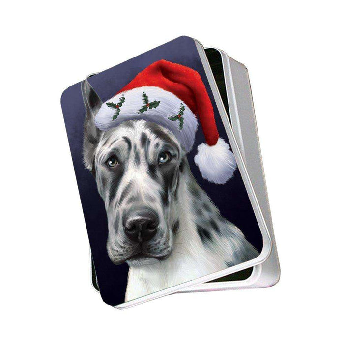 Christmas Great Dane Dog Holiday Portrait with Santa Hat Photo Storage Tin
