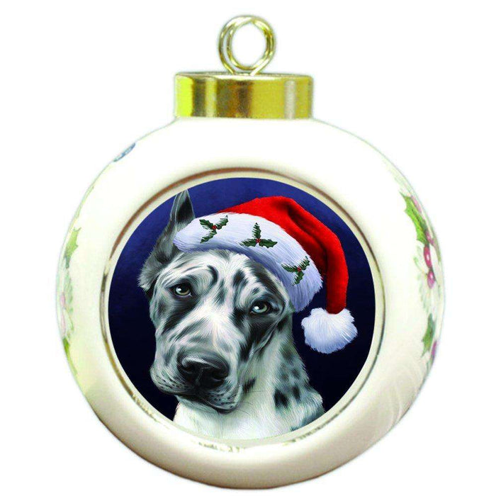 Christmas Great Dane Dog Holiday Portrait with Santa Hat Round Ball Ornament D031